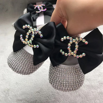 BLACK  Newborn/Baby Chanel Rhinestone shoes+Headband