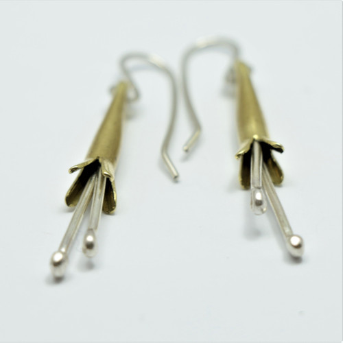 Silver and brass putiputi flower earrings, Justin Ferguson.