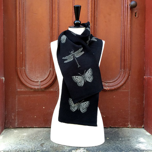 Double knit merino scarf, dragonfly and butterfly print, black.