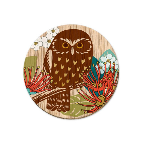 Ruru cork backed coaster designed by NZ artist Tanya Wolfkamp.