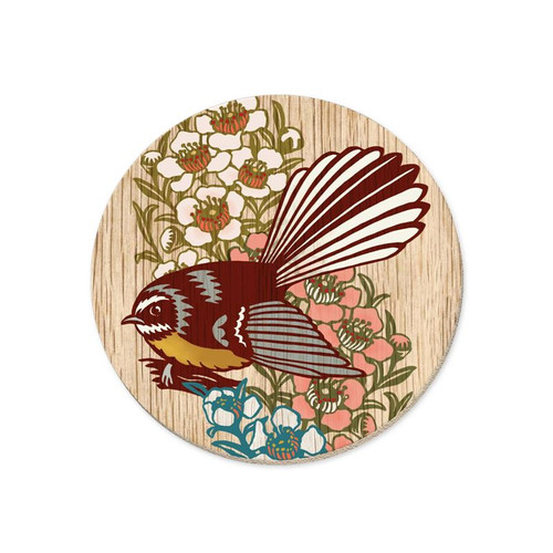 Cork backed coaster featuring a screenprinted fantail design by NZ artist Tanya Wolfkamp.