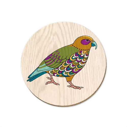 Cork backed coaster with a Kea design by Tanya Wolfkamp.