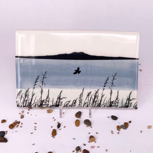 Ceramic handmade wall tile with an image of Rangitoto Island by Frankie Harker.