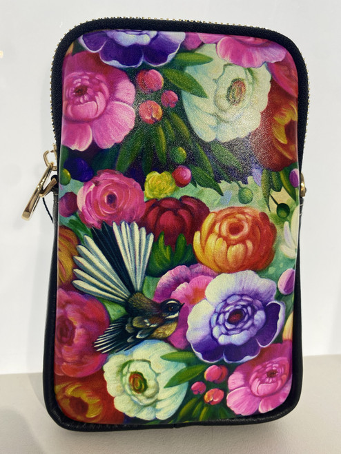 Leather cell phone bag with extendable strap. Imagery by NZ artist Angie Dennis