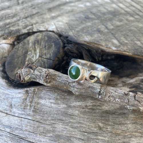 Silver koru and pounamu ring