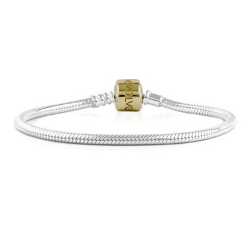 Sterling silver signature charm bracelet with gold clasp from Evolve New Zealand.