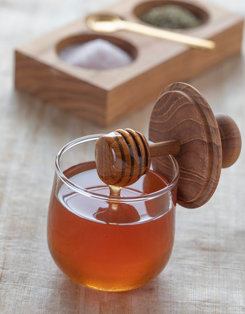 Glass & Teak Honey Pot with Dipper Lid