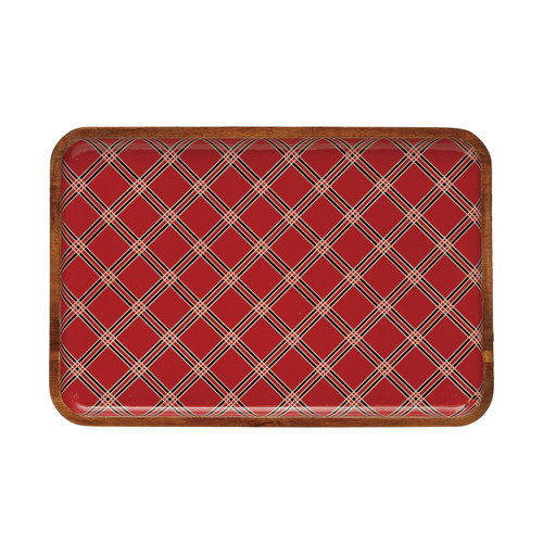 Red Plaid Enameled Acacia Tray - 13”x9”