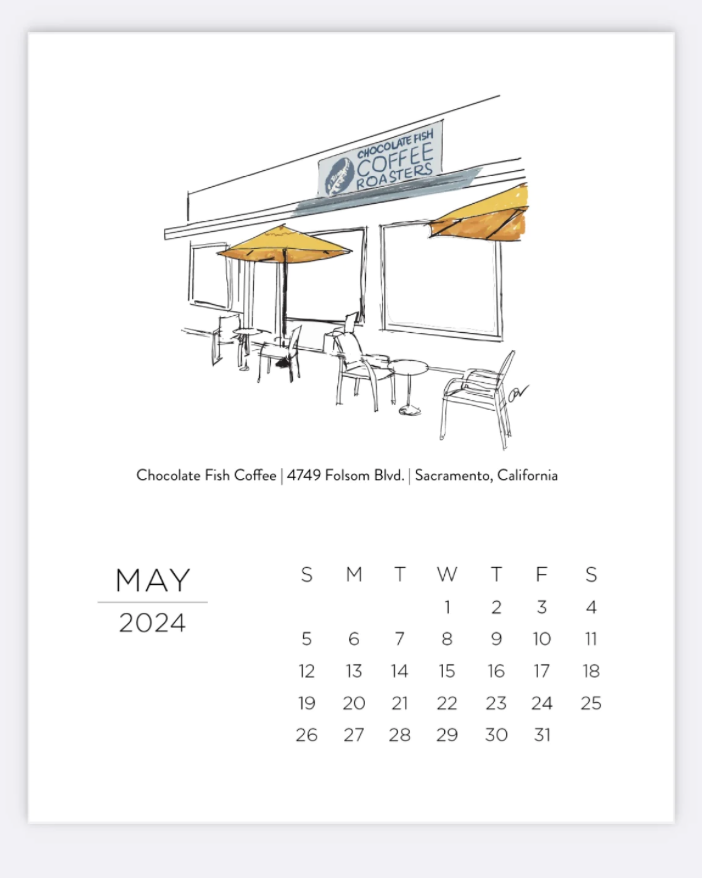 Priya Originals Art 2024 Coffee Shops of Sacramento Desk Calendar with Easel