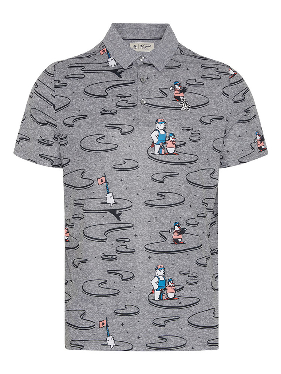 Original Penguin Men's Short Sleeve All-Over Oversized Cocktail Print Polo Shirt, Size Small, Mediterranian Blue, Recycled Polyester/Elastane