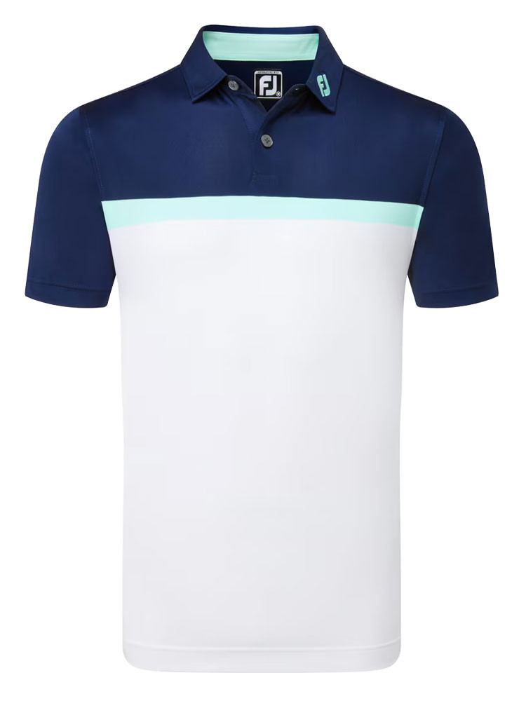 FootJoy Lisle Colour Block Golf Shirt (Athletic Fit) White/Navy/Sea