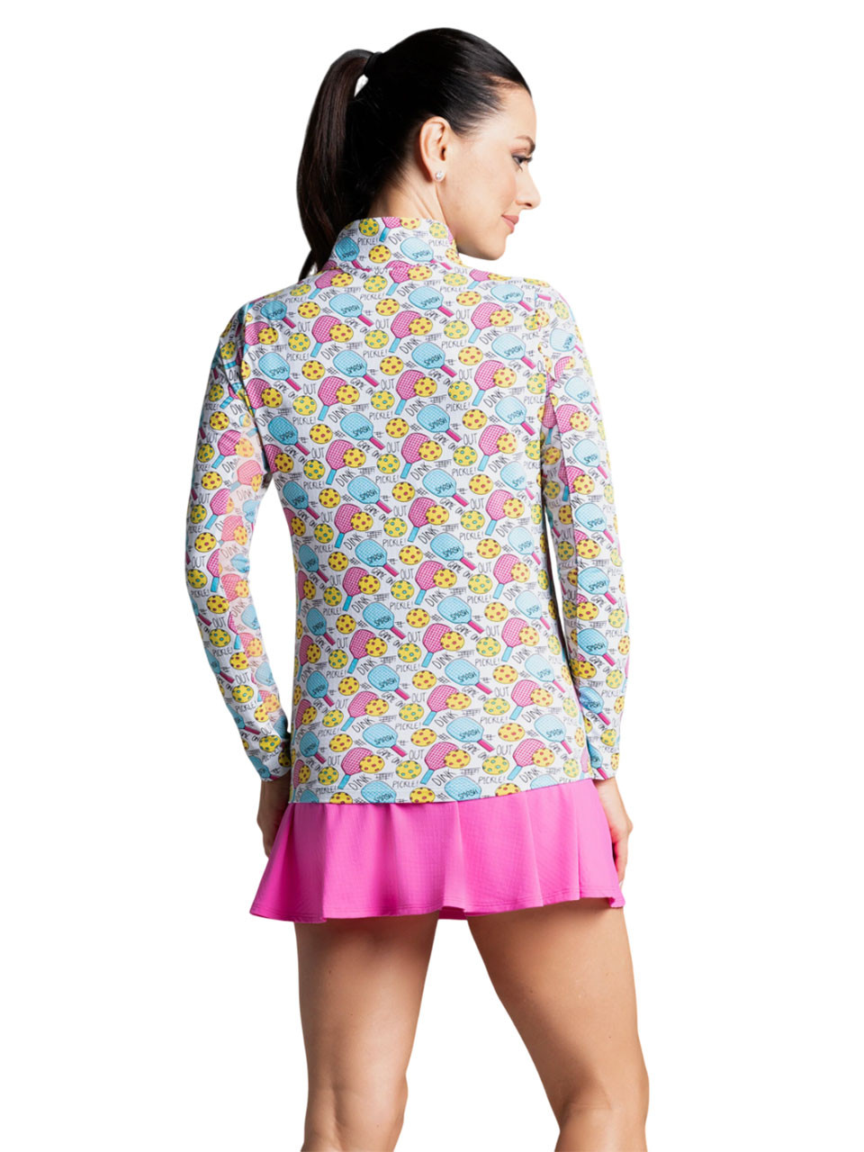 IBKUL Women's Game On Print Long Sleeve Mock Neck Top - Raspberry/Turq