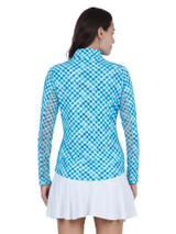 IBKUL Gingham Check Long Sleeve Mock Neck Top - Turquoise/White