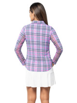 IBKUL Judith Print Long Sleeve Zip Polo - Lavender/Hot Pink