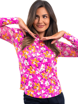 IBKUL Eleanor Long Sleeve Mock Neck Top - Hot Pink/Orange Peel
