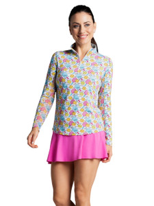 IBKUL Game On Print Long Sleeve Mock Neck Top - Raspberry/Turquoise