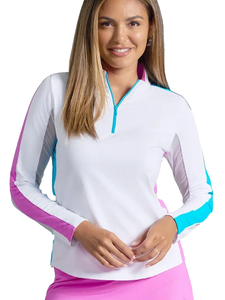 IBKUL Colour Block Long Sleeve Mock Neck Top - Hot Pink/Turquoise