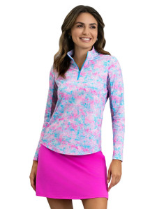 IBKUL Kate Long Sleeve Mock Neck Top - Hot Pink/Turquoise