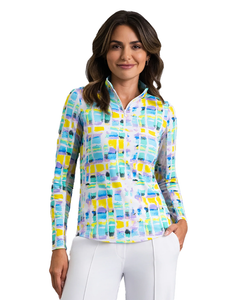 IBKUL Tatiana Print Long Sleeve Mock Neck Top - Turquoise Multi