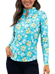 IBKUL Eleanor Long Sleeve Mock Neck Top - Seafoam/Lemonade