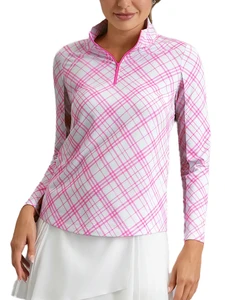 IBKUL Tony Plaid Print Long Sleeve Mock Neck Top - Hot Pink/White