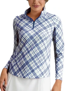 IBKUL Tony Plaid Print Long Sleeve Mock Neck Top - Classic Navy/White