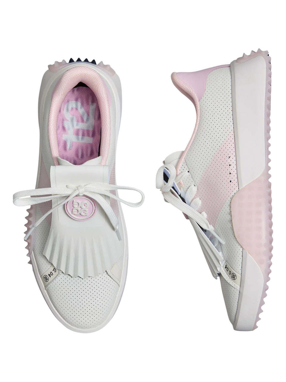 G/FORE Womens G.112 Perforated Saddle Stripe Kiltie Golf Shoes - Snow/Blush