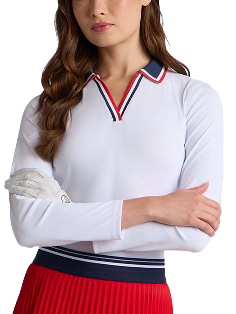 G/FORE Women's Contrast Johnny Collar Tech Nylon Rib Long Sleeve Polo - Lava