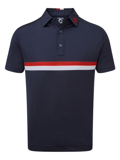 FootJoy Double Chest Band Pique Golf Shirt (Athletic Fit) - Navy/Red/White