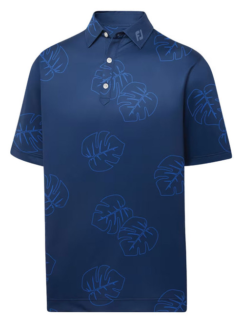 FootJoy Jungle Leaf Print Lisle Golf Shirt (Athletic Fit) - Navy