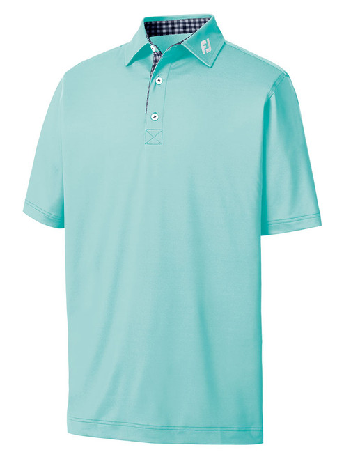 FootJoy Stretch Pique Solid Gingham Trim Golf Shirt (Athletic Fit) - Aqua Surf