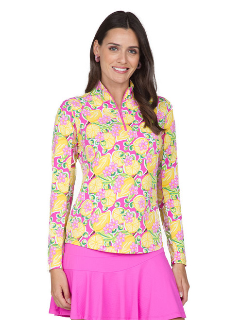 IBKUL Calista Print Long Sleeve Mock Neck Top - Hot Pink Multi