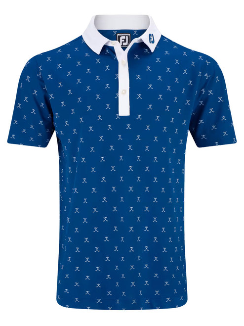 FootJoy Stretch Pique With Golf Print Golf Shirt (Athletic Fit) - Blue/White FootJoy Stretch Pique With Golf Print Golf Shirt (Athletic Fit) - Blue/White