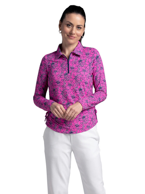 IBKUL Diana Print Long Sleeve Zip Polo - Hot Pink/Navy