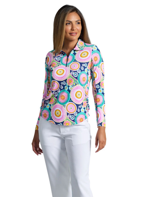 IBKUL Leona Print Long Sleeve Zip Polo - Navy Multi