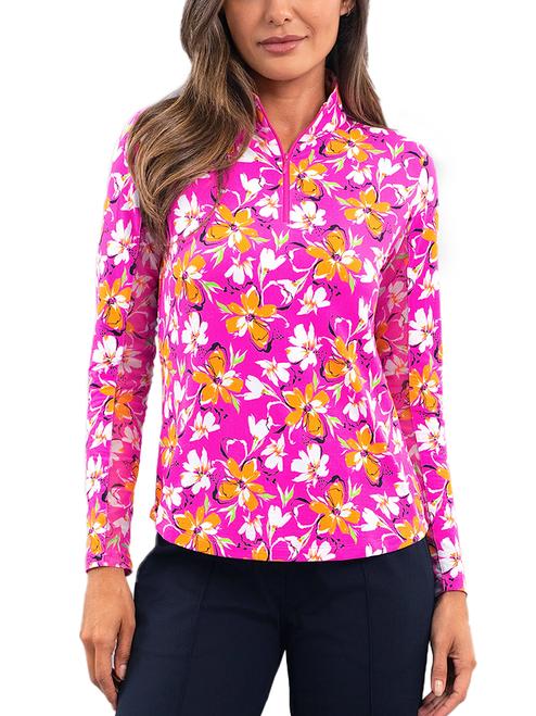 IBKUL Eleanor Long Sleeve Mock Neck Top - Hot Pink/Orange Peel