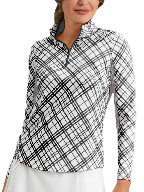 IBKUL Tony Plaid Print Long Sleeve Mock Neck Top - Black/White