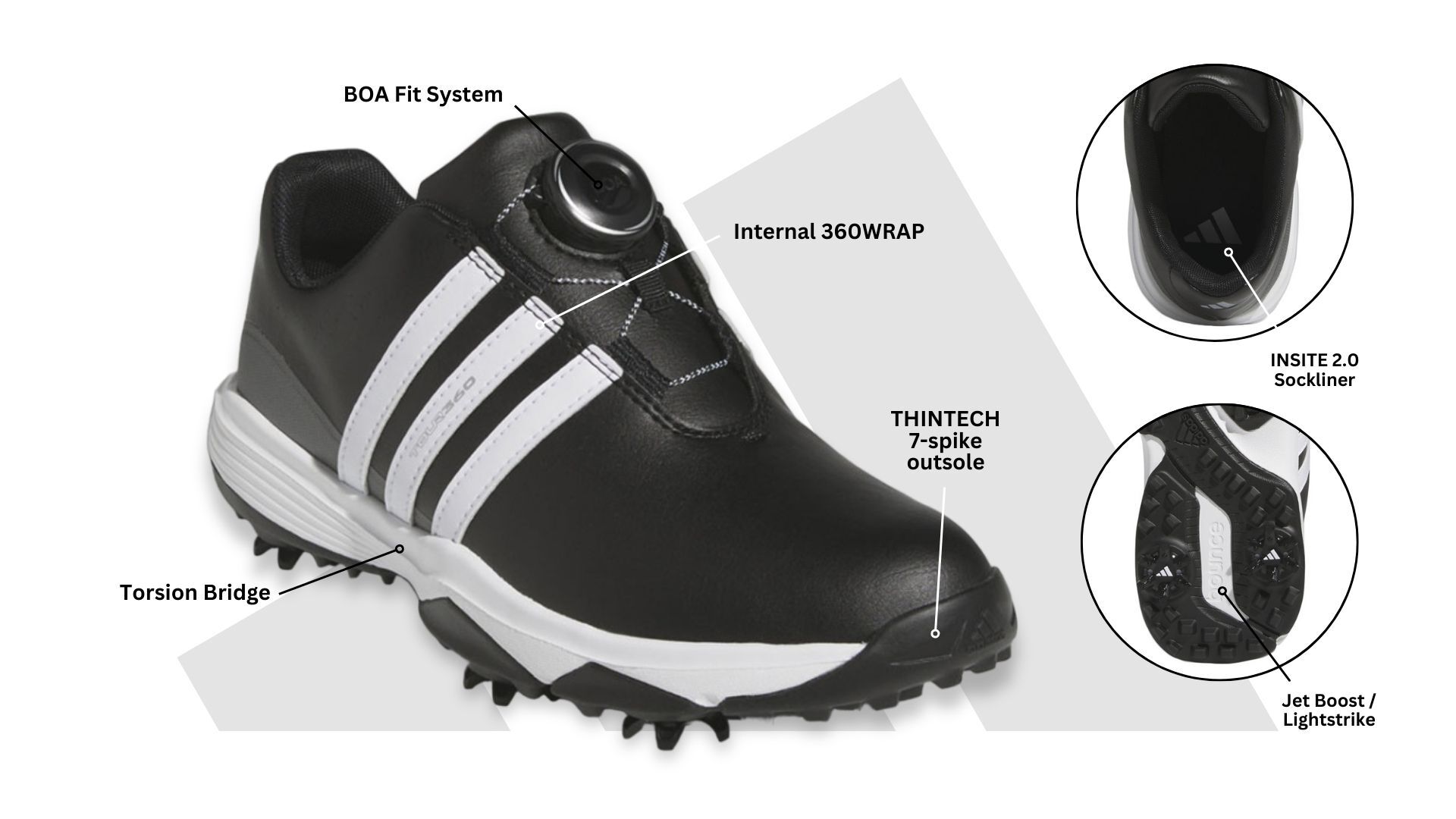 adidas Juniors Tour360 24 BOA Golf Shoes - Core Black/Ftwr White/Iron Met.