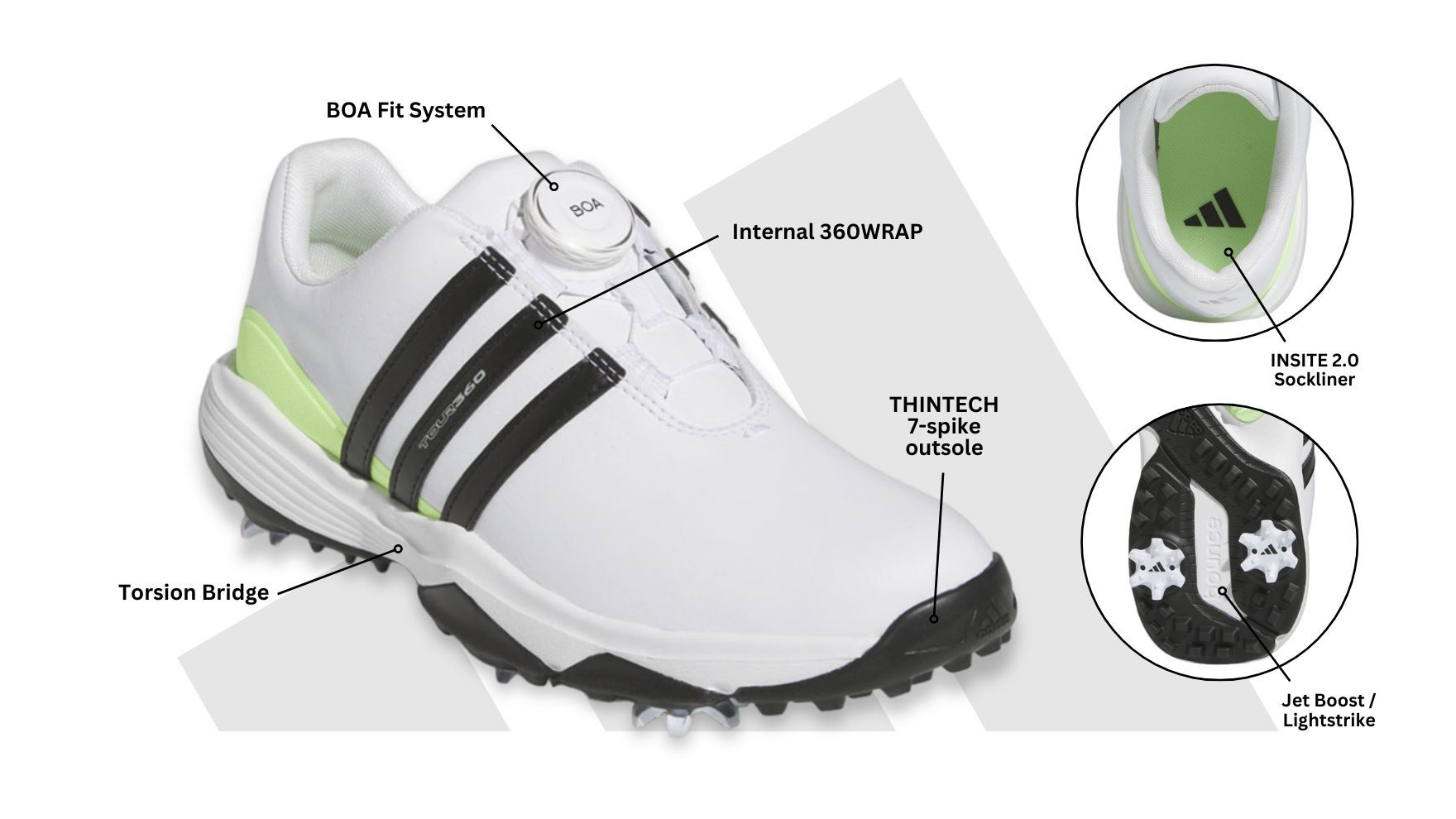 adidas Juniors Tour360 24 BOA Golf Shoes - Ftwr White/Core Black/Green Spark