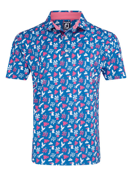 FootJoy Jungle Leaves Lisle Golf Shirt (Athletic Fit) - Sapphire/White/Rose/Mist SHIRT-FJ4