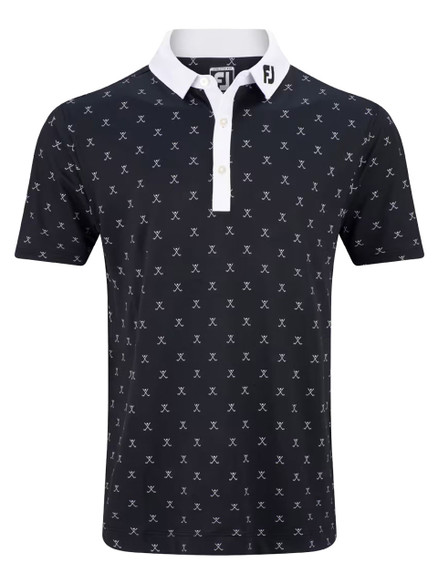 FootJoy Stretch Pique With Golf Print Golf Shirt (Athletic Fit) - Black/White SHIRT-FJ4