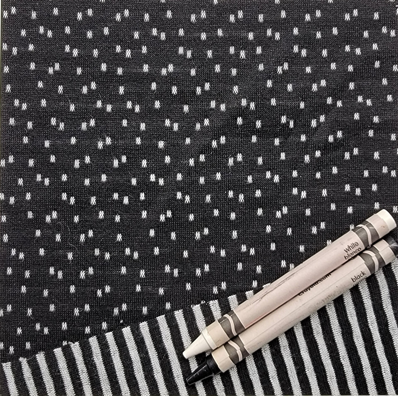 1D - knit: Black & White Double Sided Dots N' Stripes, 65% Polyester/35%  Rayon, 58 wide, $13.95 per half yard. - Islander Sewing