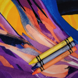 0A-Knit, Abstract in Yellow, Blue and Tangerine, 95% Polyester/5% Spandex, $9.00 per half yard.