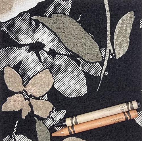 A1-Knit: Textured Print, Floral Neutrals on Black, 95% Polyester/5% Spandex,6.5oz, 55" wide, $10. per half yard. A1-Knit: Textured Print, Floral Neutrals on Black, 95% Polyester/5% Spandex,6.5oz, 55" wide, $10. per half yard.