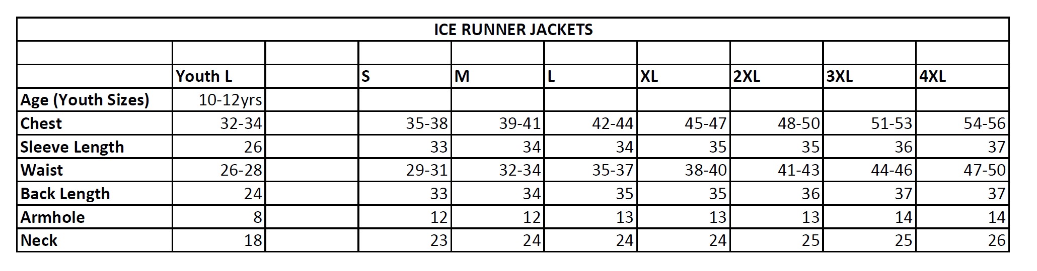 float jacket size chart