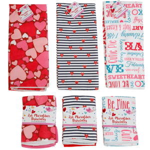 KITCHEN TEXTILES VALENTINE PRINT 2PK DISHCLOTHS/1 TOWEL 3ASST JHOOK/HANGTAG & WRAP CARD