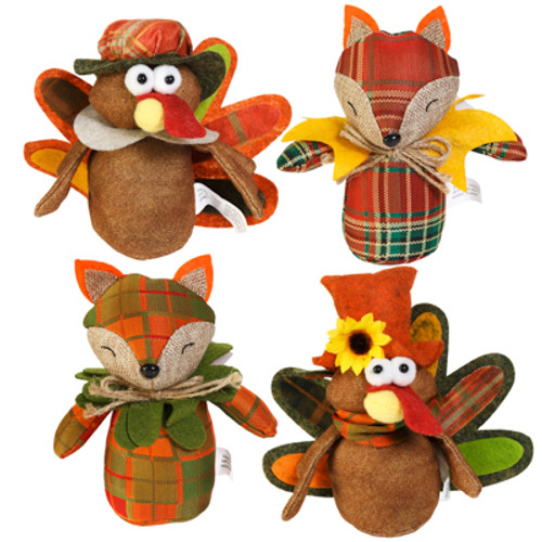 HARVEST TURKEY/FOX FABRIC CHARACTERS 4 ASST.5.5-7IN HARV HT