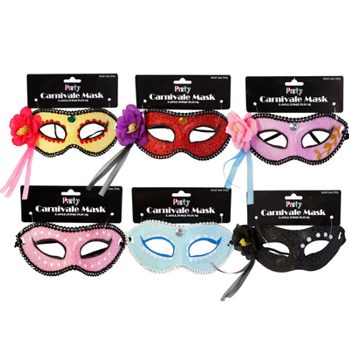 MASK CARNIVALE 6AST STYLES W/FLORAL DETAIL/ELASTIC STRAP ADULT SIZE/TCD