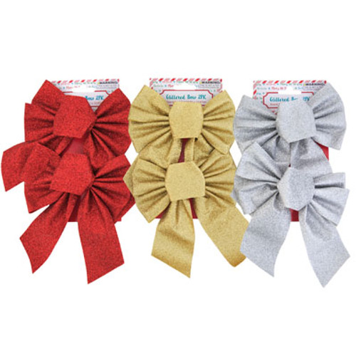 BOW GLITTER 2PK 6.5 X 5.5IN 3AST COLORS RED/SILVER/GOLD TCD