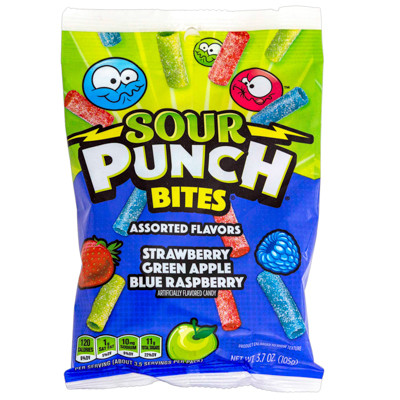 SOUR PUNCH BITES 3.7 OZ PEG BAG APPLE, BLUE RASPBERRY, STRAWBERRY